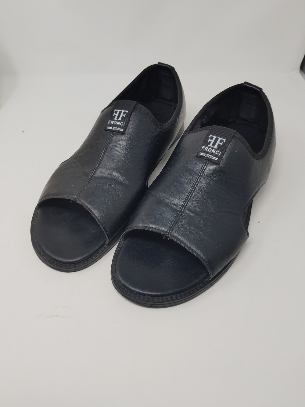 Fronci Men’s Black Leather Slip On Sandals Open Toe Casual Shoes Size 11.5
